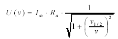 U(\nu ) = I_\inft R_a \frac{1}{\sqrt{1+\left( \frac{\nu_1/2}{\nu}\rigth)^2 }}